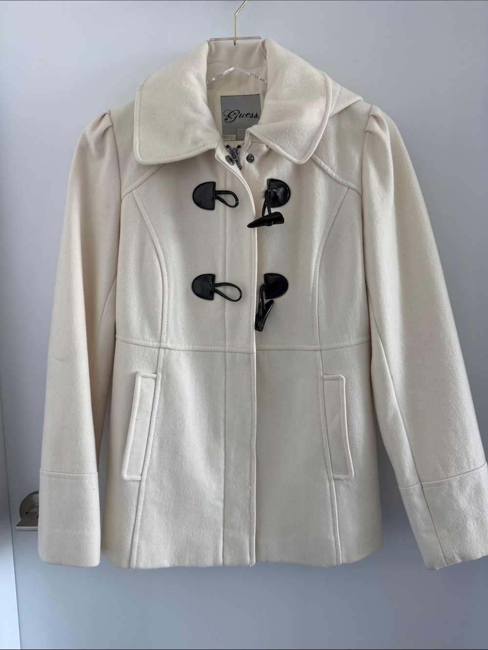 Guess - Cream Wool Blend Coat with Black Accents